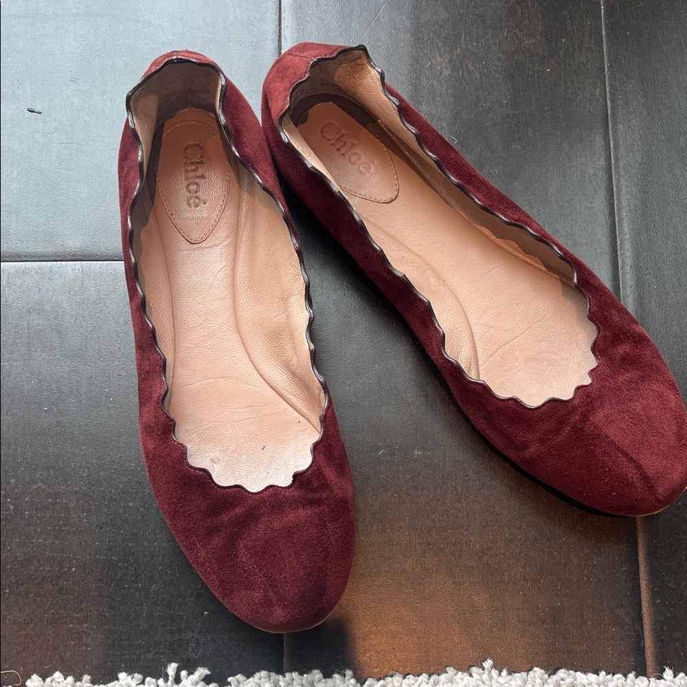 Chloe Burgundy Suede Scalloped Ballet Flats